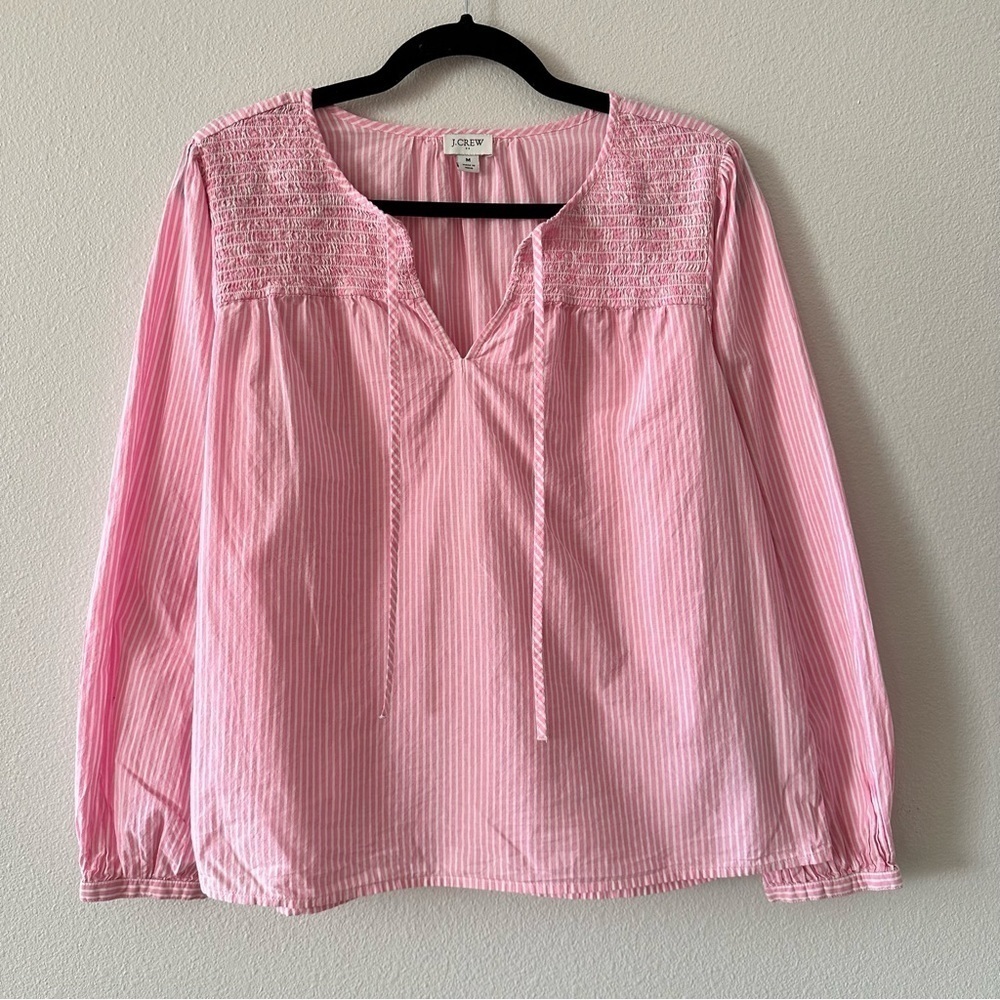 j. crew factory striped tie neck smocked shoulder long sleeve blouse - Picture 2 of 8